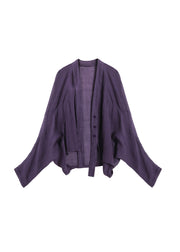 2024 New Original Purple V Neck Linen Cardigan Bat Sleeves