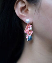 2024 New Pink Sterling Silver Pearl Floral Stud Earrings