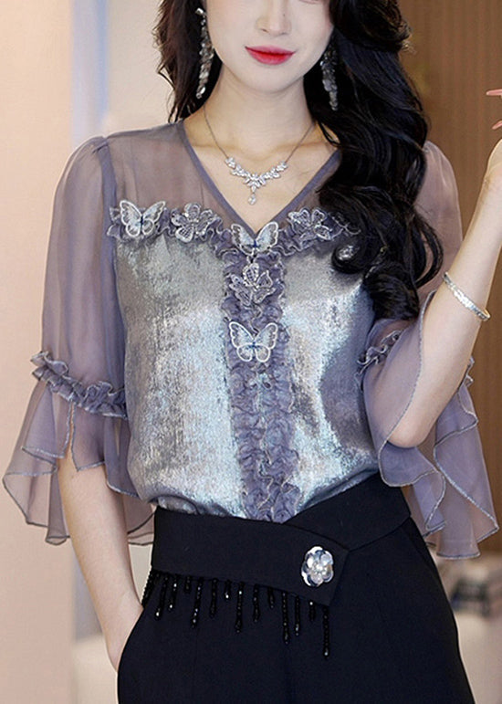 2024 New Silver Gray Ruffled Butterfly V Neck Silk Top Summer