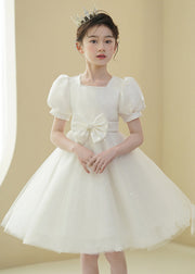 2024 New White Nail Bead Bow Tulle Girls Mid Dress Puff Sleeve