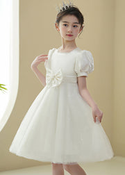 2024 New White Nail Bead Bow Tulle Girls Mid Dress Puff Sleeve