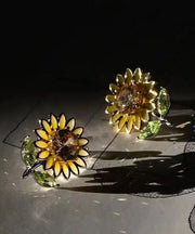 2024 New Yellow Sterling Silver Overgild Zircon Enamel Sunflower Stud Earrings