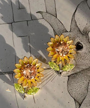 2024 New Yellow Sterling Silver Overgild Zircon Enamel Sunflower Stud Earrings