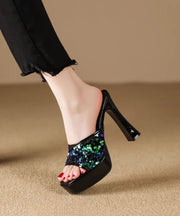 2024 Sequins Splicing High Heel Black Slide Sandals Peep Toe