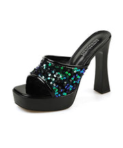 2024 Sequins Splicing High Heel Black Slide Sandals Peep Toe