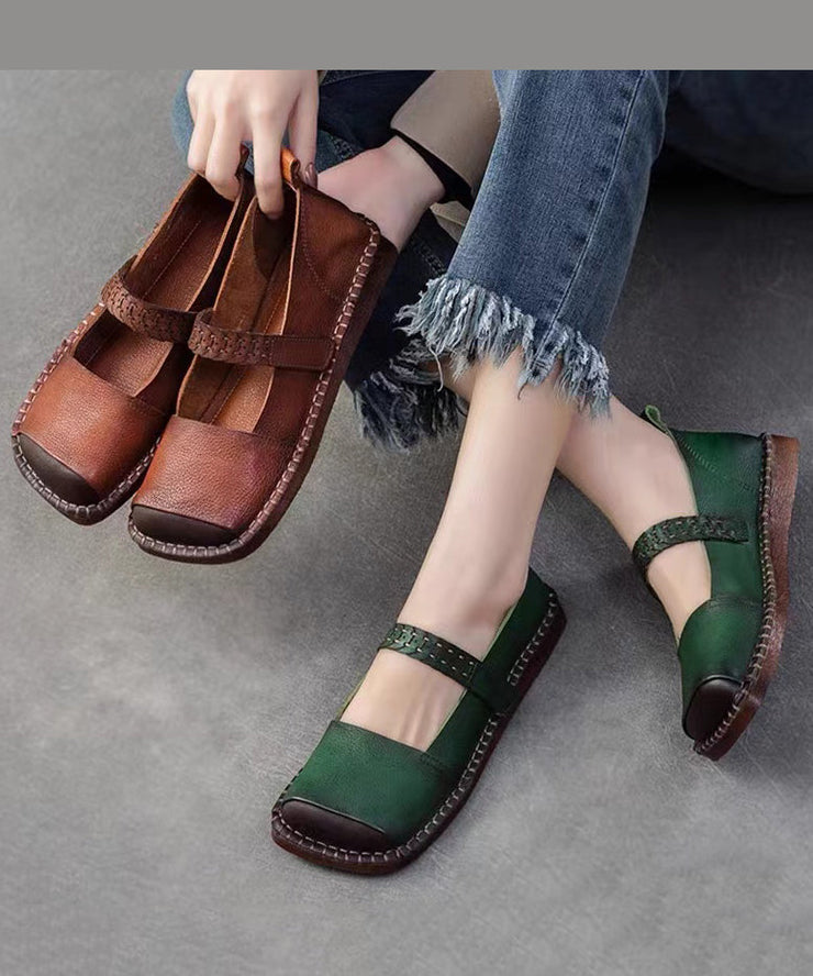 2024 Spring New Retro Cowhide Flat Shoes Buckle Strap