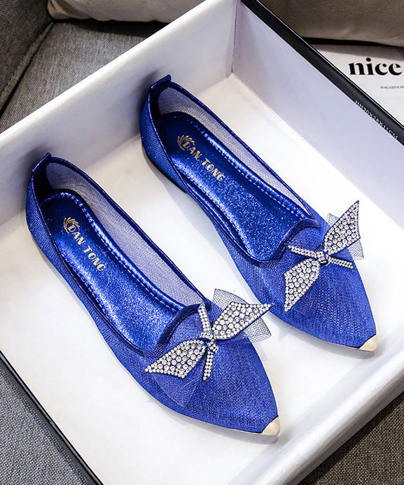 2024 Summer New Champagne Bow Zircon Pointed Flat Shoes