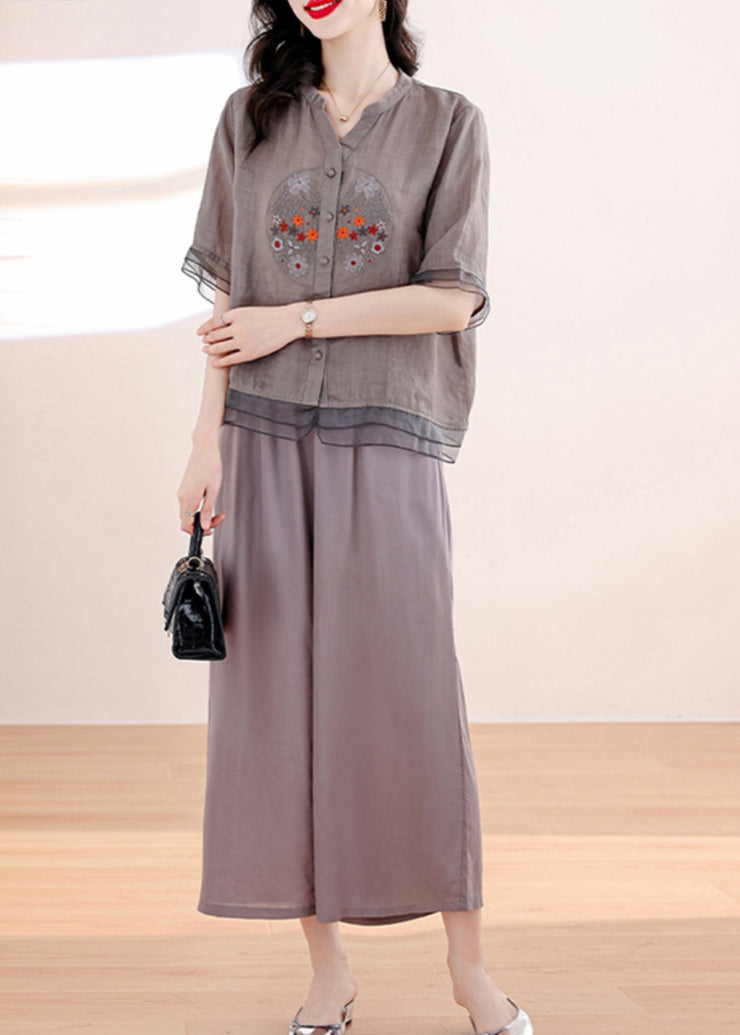 2024 Summer New Linen Embroidered Top and Pants Two Piece Set