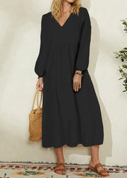 2024 Women's Orange Cotton Linen Loose Balloon Sleeve Dress