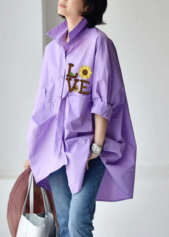 Purple text Peter Pan Collar Low High Design Cotton Shirt Long Sleeve