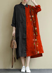 red flower Linen Shirt Dress Casual Oversize Spring Maxi Dresses