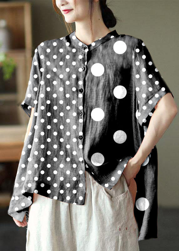 Boho Black polka dots Summer Side Open Stand Collar Ramie Loose Short Sleeve