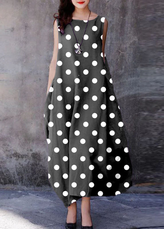 Bohemian Black spliced polka dots O-Neck Exra Large Hem Cotton Dresses Sleeveless