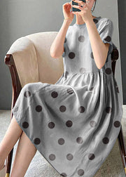 Brief Grey polka dots O-Neck Patchwork Linen Dress Short Sleeve