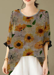 Orange yellow- floral Print Patchwork Cotton Loose Tops O Neck Summer