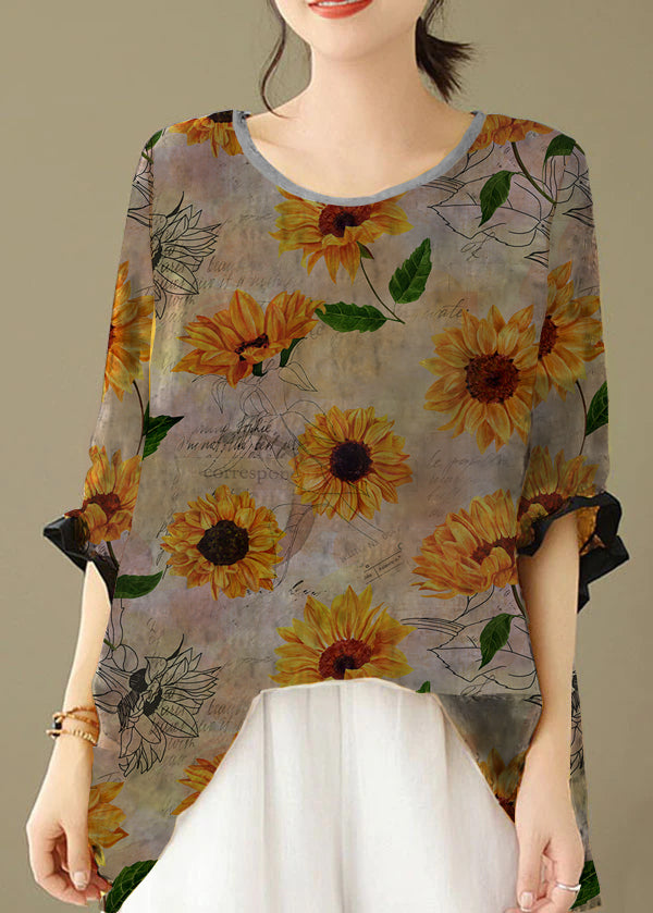 Orange yellow- floral Print Patchwork Cotton Loose Tops O Neck Summer