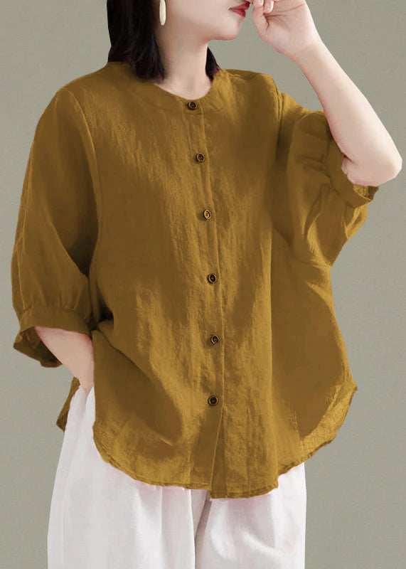 Art Red O-Neck Button Leinen Loose Shirt Top Laternenärmel