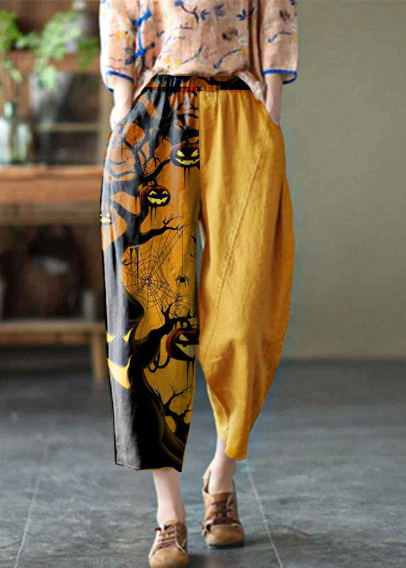 Natural Checkered Pumpkin Elastic Waist Summer Linen Harem Pants