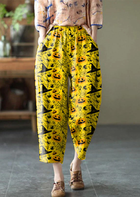 Natural Black print Elastic Waist Summer Linen Harem Pants