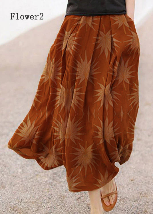 Retro Chocolate-Flower1 Print Pockets Linen Skirt Summer