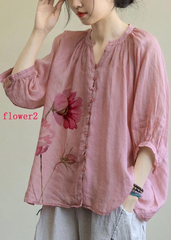 Italian Pink-rose flower V Neck Button Loose Fall Half Sleeve Blouse Top