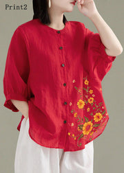 Art Red-print4 O-Neck Button Linen Loose Shirt Top Lantern Sleeve