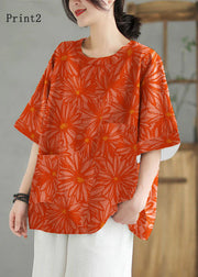 Women Orange O Neck Print Patchwork Linen T Shirt Top Summer