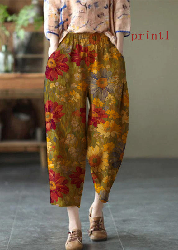 Natural Checkered Pumpkin Elastic Waist Summer Linen Harem Pants