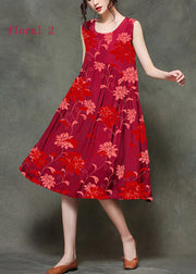 Casual Wine Red-floral2 O-Neck Wrinkled Long Dresses Sleeveless