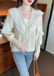 Fitted Beige Ruffled Button Patchwork Fall Knit Coat