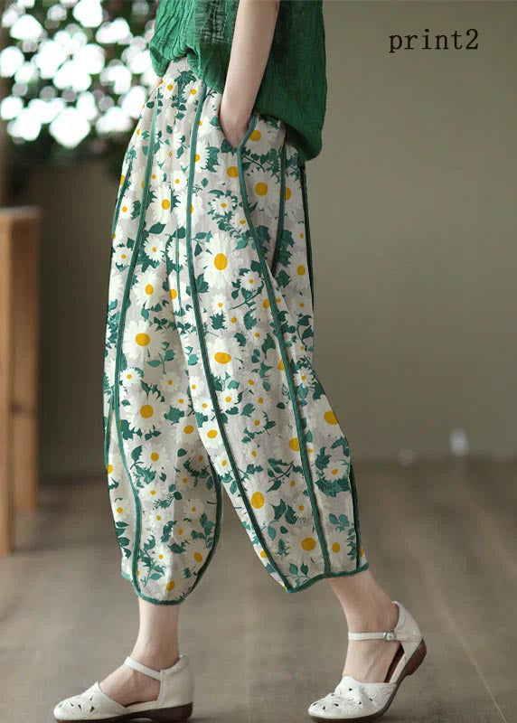 Print1 Patchwork Linen Harem Pants Pockets Striped Summer