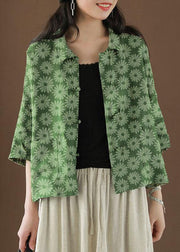 Beautiful Green-big print Peter Pan Collar Pockets Summer Linen top