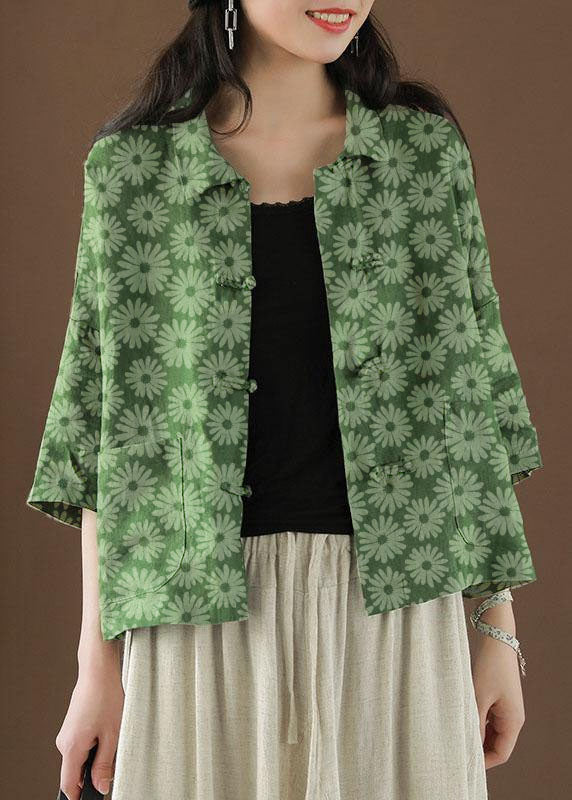 Beautiful Green-animal Peter Pan Collar Pockets Summer Linen top