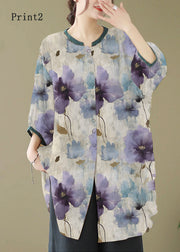 Print3 Linen Shirt Dresses O-Neck Oversized Lantern Sleeve