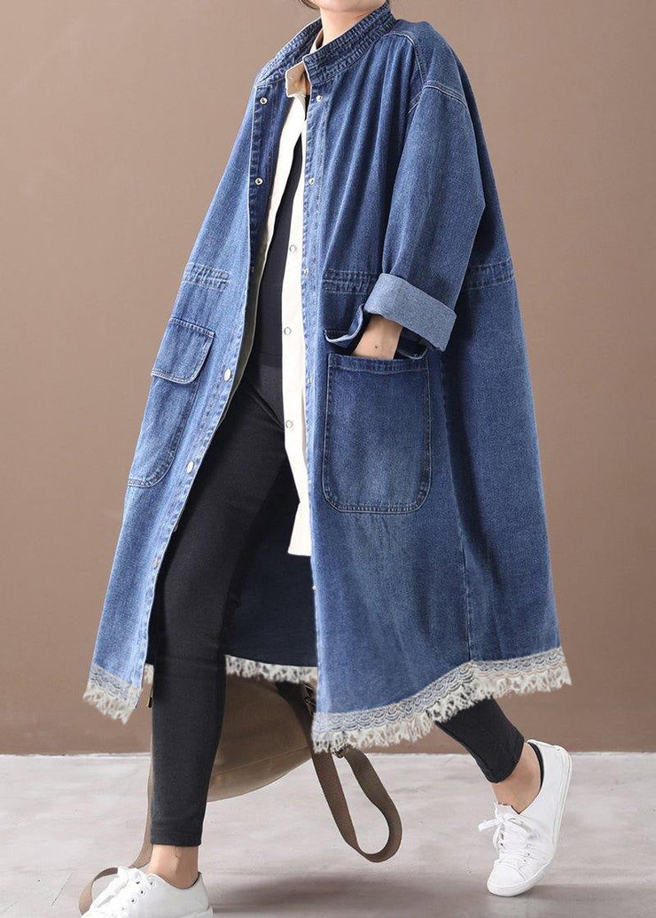 French denim blue-sunflower Plus Size box coat Shape stand collar drawstring coat