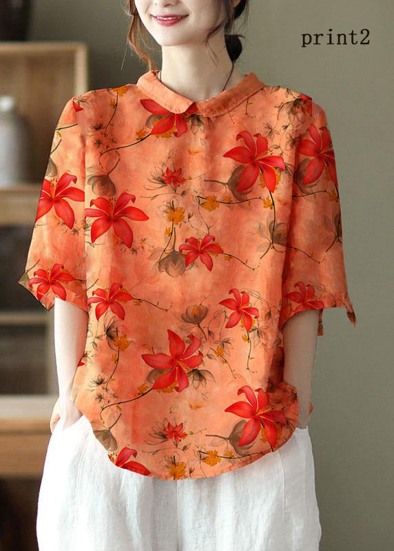 DIY Orange Print Ramie Half Sleeve Shirt Summer