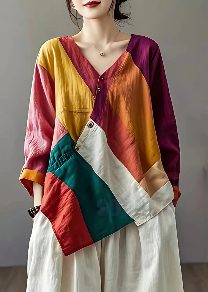 Colorblock Patchwork Linen Loose Blouses Asymmetrical Summer