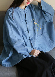 Loose stand collar Chinese Button clothes For Women Sleeve denim light blue-sunflower shirts