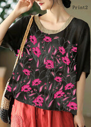 Organic Black-Print2  Embroideried Low High Design Linen Tanks Short Sleeve