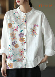 Modern White-cashew pattern Loose Patchwork Pockets Fall Long Sleeve Blouse Top