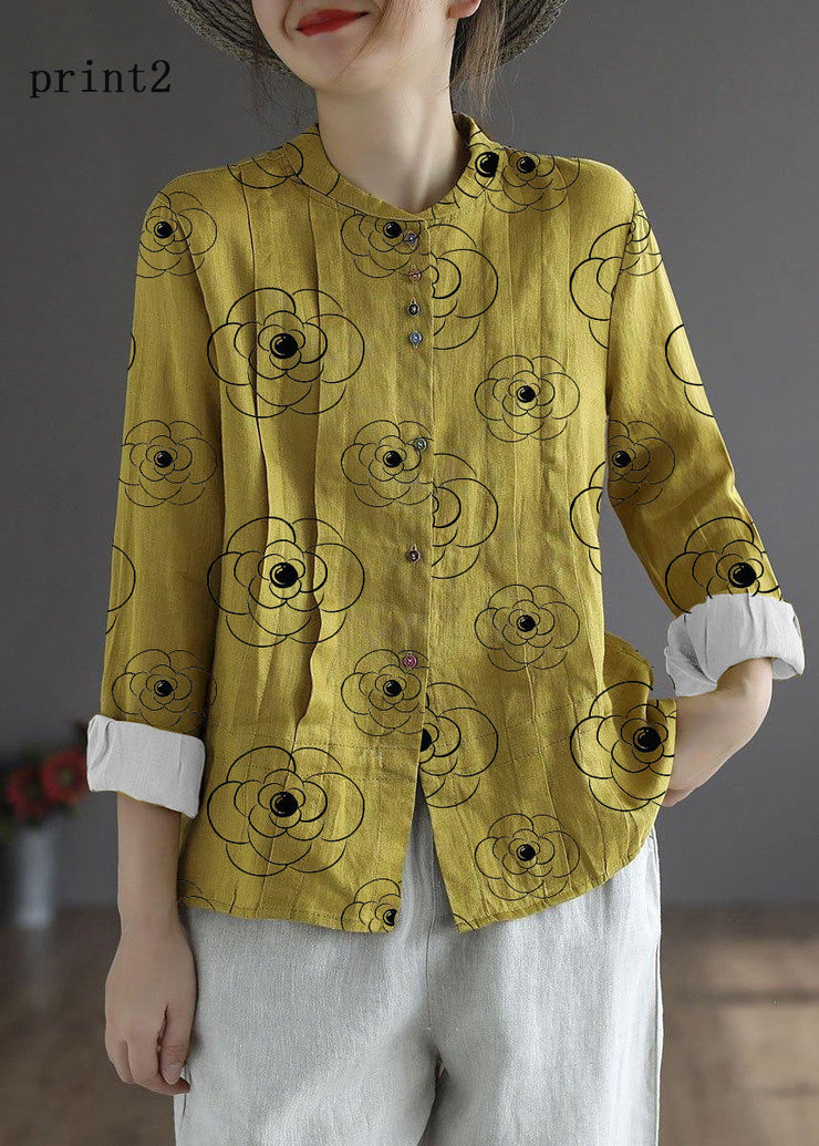 Women Yellow-floral2 Elegant Button Fall Top Long Sleeve Linen