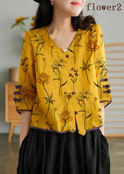 Women Yellow-striped pattern Casual Ramie Cardigan Embroidered Shirt