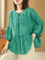 Handmade Green O Neck Print Wrinkled Patchwork Cotton Top Summer