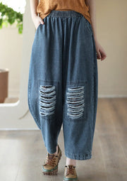 Loose Hollow Elasticity Denim Harem Pants