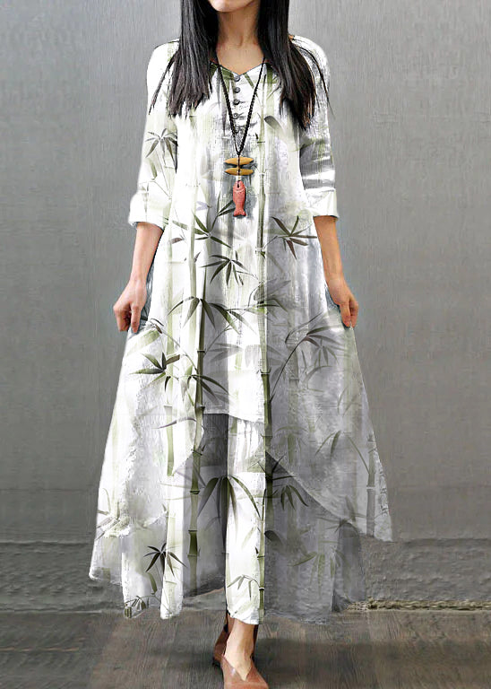 Women Long Sleeve Double Layers Button Asymmetric White bamboo Maxi Dress