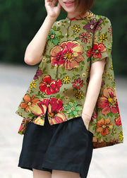 yellow-flower Print Patchwork Linen Top Button Stand Collar Summer