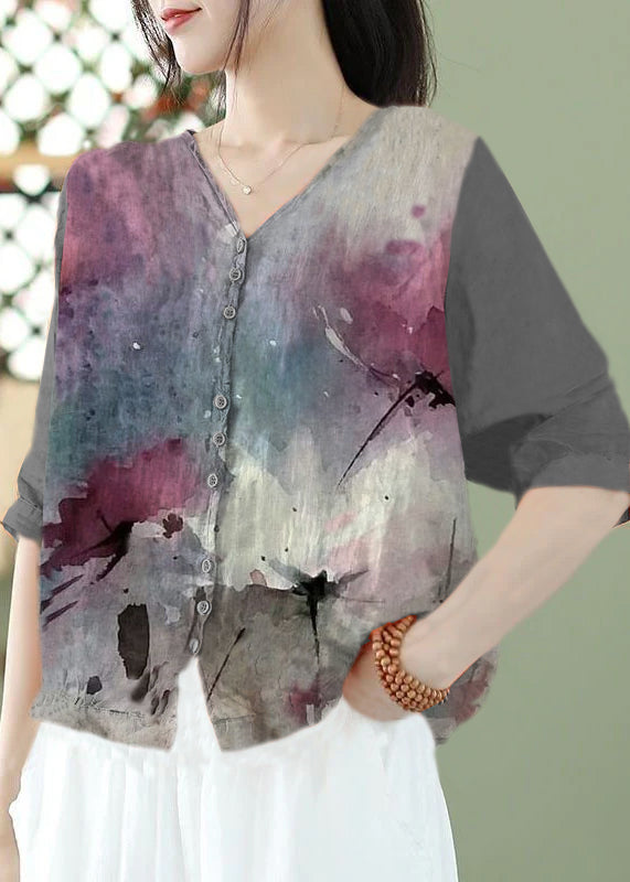 Bohemian Blue Geometry Print Slim Fit Linen Shirt Top Half Sleeve