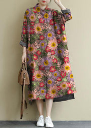 red flower Linen Shirt Dress Casual Oversize Spring Maxi Dresses