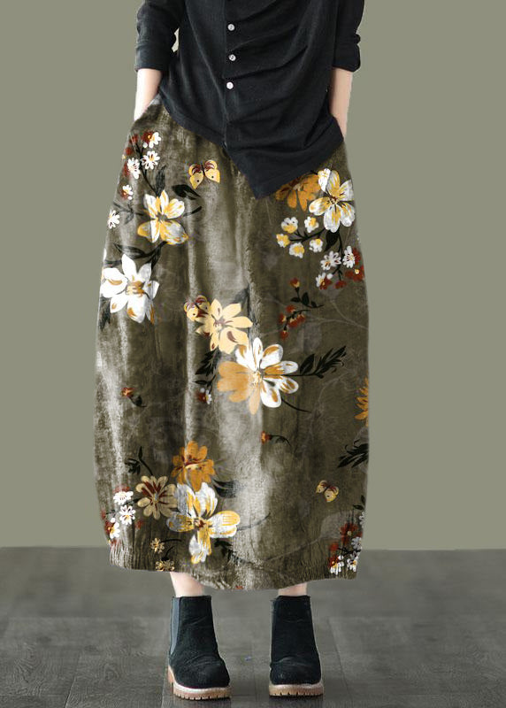 Plus SizeGrey Flowers Retro Print A Line Pockets Fall Skirts