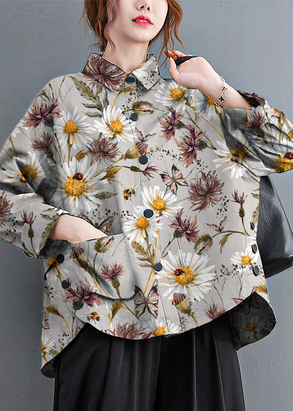 Blue Patchwork Cotton Shirt Top Oversized Pockets Fall